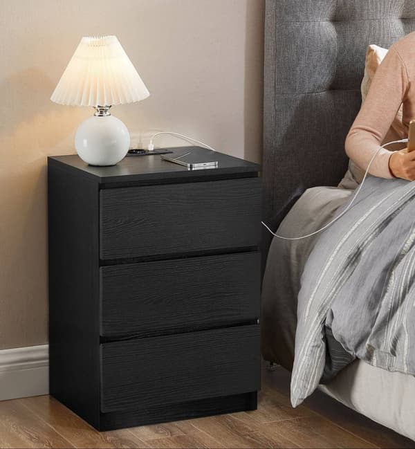 ROTZ SIDA TABLE - Nattsbord - Bedside Table - Modern Black - 3 Drawers - Wood Chipboard - 35 x 40 x 59 cm