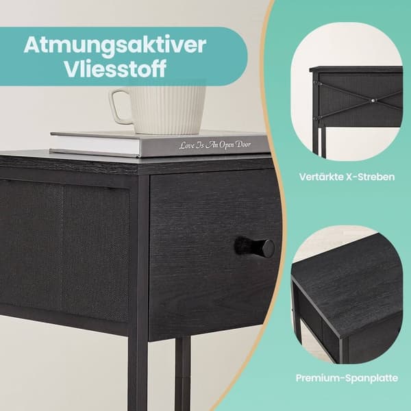 ROTZ SIDA TABLE - Bedside Table - Nightstand With Shelf & Fabric Drawer - Space Saving Design - 28,1 x 38,1 x 61,1 cm