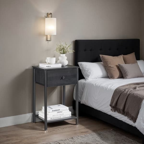 ROTZ SIDA TABLE - Bedside Table - Nightstand With Shelf & Fabric Drawer - Space Saving Design - 28,1 x 38,1 x 61,1 cm
