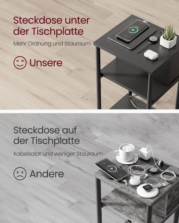 RootZ -tilläggssidobord - Accenttabell - Sluttabell - USB+AC -anslutningar - Black Chipboard & Steel - 30x34x58cm