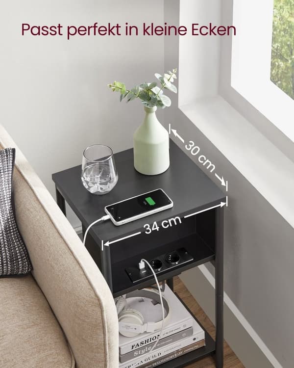 RootZ -tilläggssidobord - Accenttabell - Sluttabell - USB+AC -anslutningar - Black Chipboard & Steel - 30x34x58cm