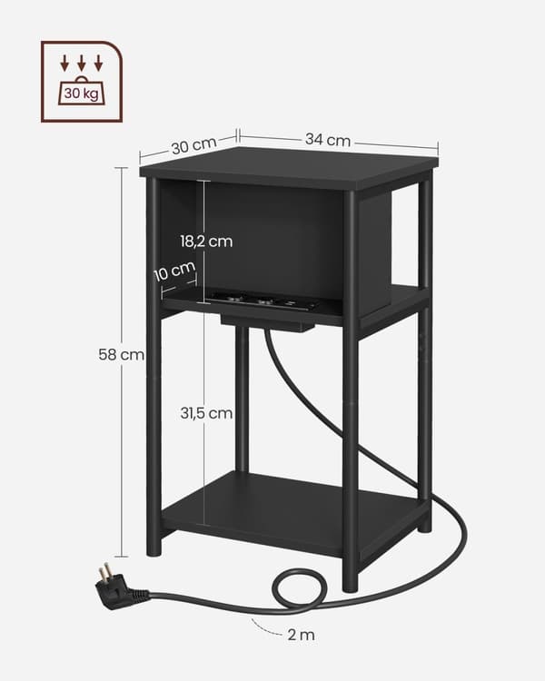 RootZ -tilläggssidobord - Accenttabell - Sluttabell - USB+AC -anslutningar - Black Chipboard & Steel - 30x34x58cm