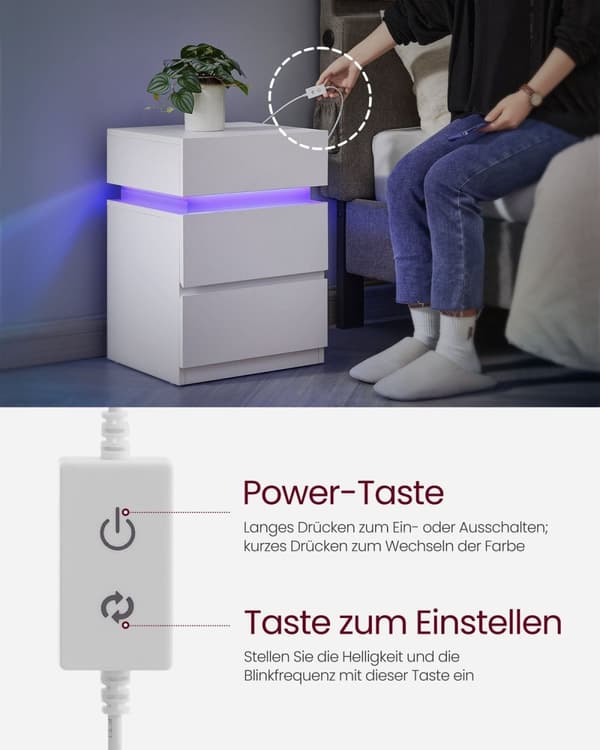 Rootz Sorn sidebord - LED -belysningsbord - Justerbare farvelys - Moderne boligindretning - 33,5 x 40 x 55 cm