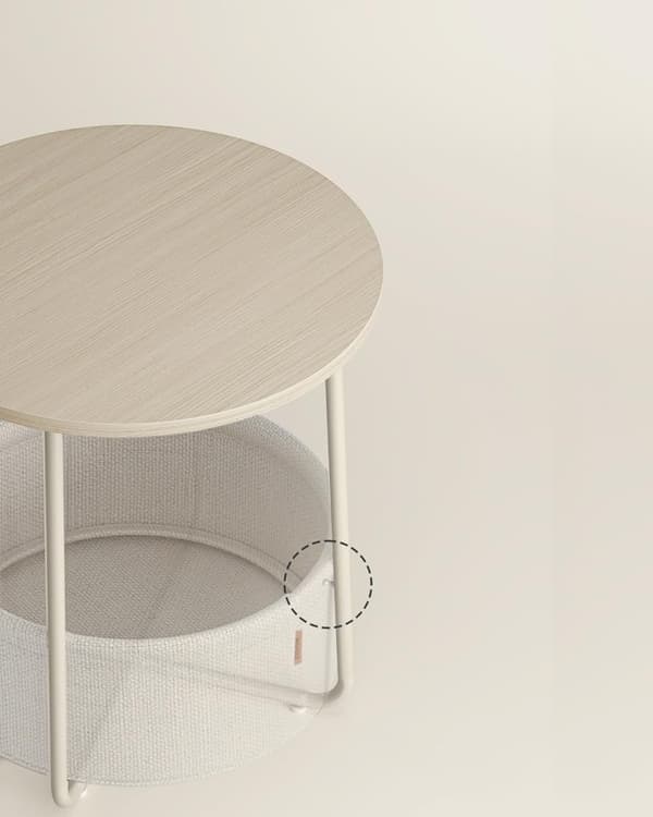 Lille rundt sofabord, sidebord med stofkurv, opbevaring i stue, soveværelse, natbord, moderne stil, cremefarvet