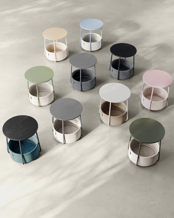Lille rundt sofabord, sidebord med stofkurv, opbevaring i stue, soveværelse, natbord, moderne stil, cremefarvet
