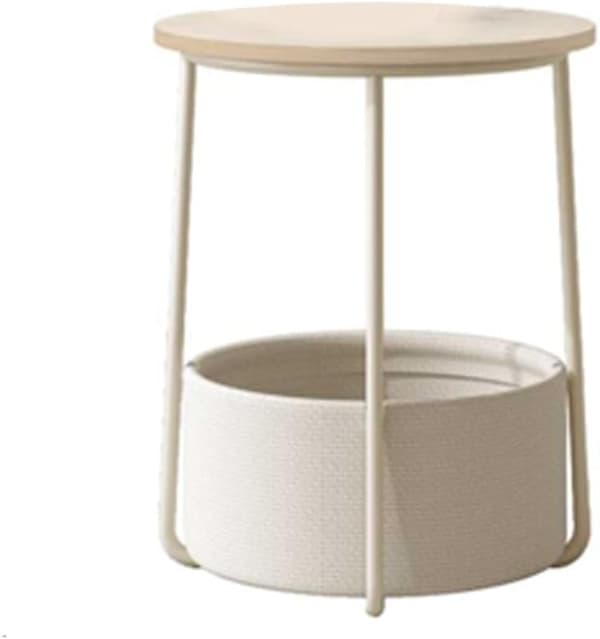 Lille rundt sofabord, sidebord med stofkurv, opbevaring i stue, soveværelse, natbord, moderne stil, cremefarvet