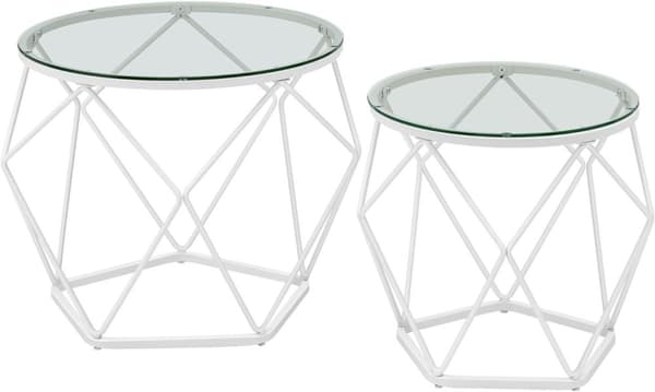 Runde sofaborde, sæt med 2 sideborde, moderne stil, aftagelig bordplade, stålstel, til stue, transparent glas