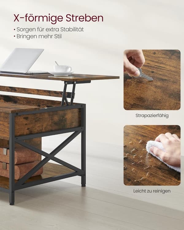 Sofabord, højdejusterbart stuebord, sofabord, åben og skjult opbevaringsplads, X-struts