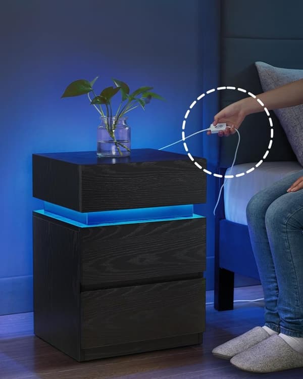 LED-natbord, sidebord, natbord, sofabord, justerbare farver, 3 skuffer, soveværelse, moderne