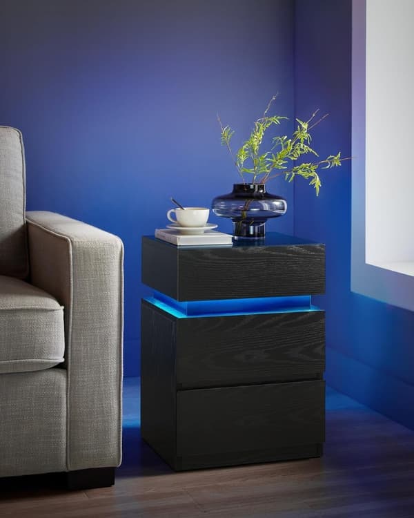 LED-natbord, sidebord, natbord, sofabord, justerbare farver, 3 skuffer, soveværelse, moderne