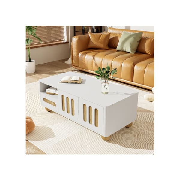 105x50x40 cm Modern soffbord - vit med träutseende med 4 dörrar, 2 lådor och ett öppet fack