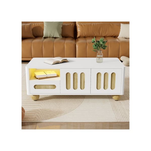 105x50x40 cm Modern soffbord - vit med träutseende med 4 dörrar, 2 lådor och ett öppet fack