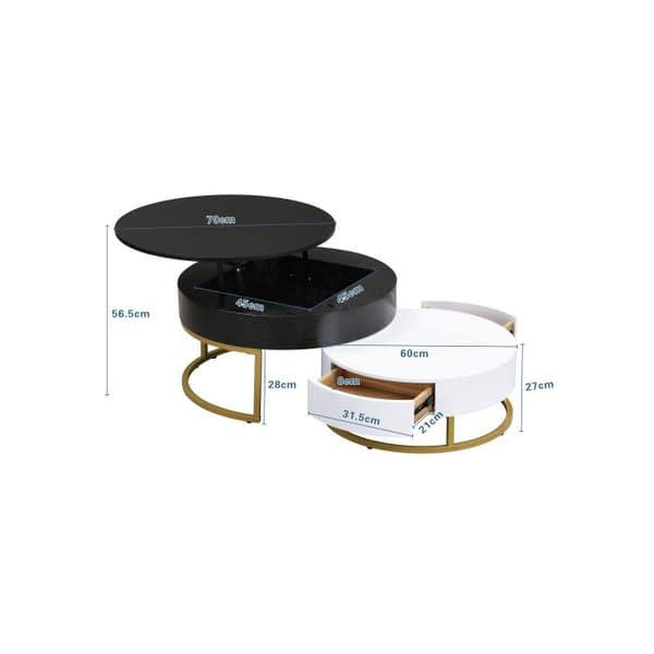 Gyllene soffbordset, kombination av hällbara soffbord, sidobord med två lådor. Set om 2 delar