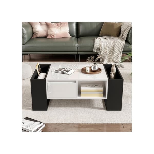 Modern soffbord 105 x 60 x 40,5 cm - Svart och vit design med glänsande yta, låda och träskiva.