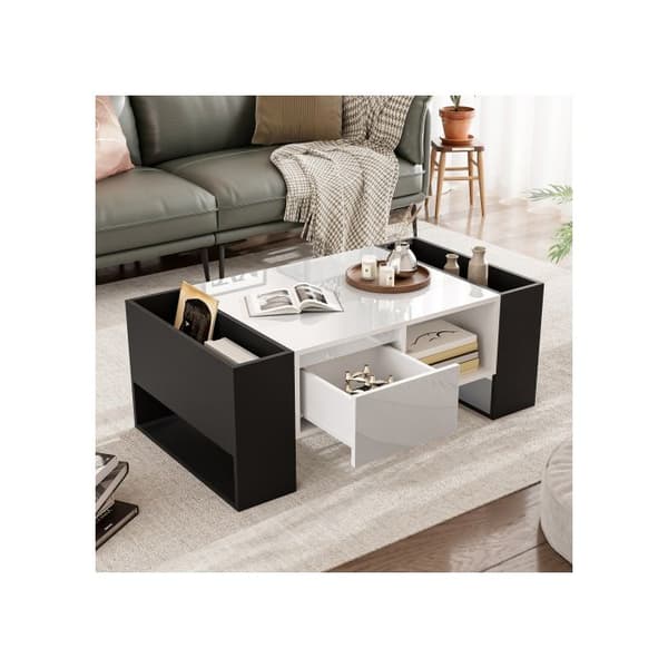 Modern soffbord 105 x 60 x 40,5 cm - Svart och vit design med glänsande yta, låda och träskiva.