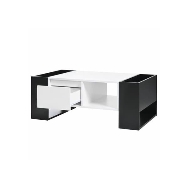 Modern soffbord 105 x 60 x 40,5 cm - Svart och vit design med glänsande yta, låda och träskiva.