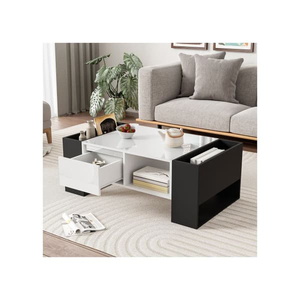 Modern soffbord 105 x 60 x 40,5 cm - Svart och vit design med glänsande yta, låda och träskiva.