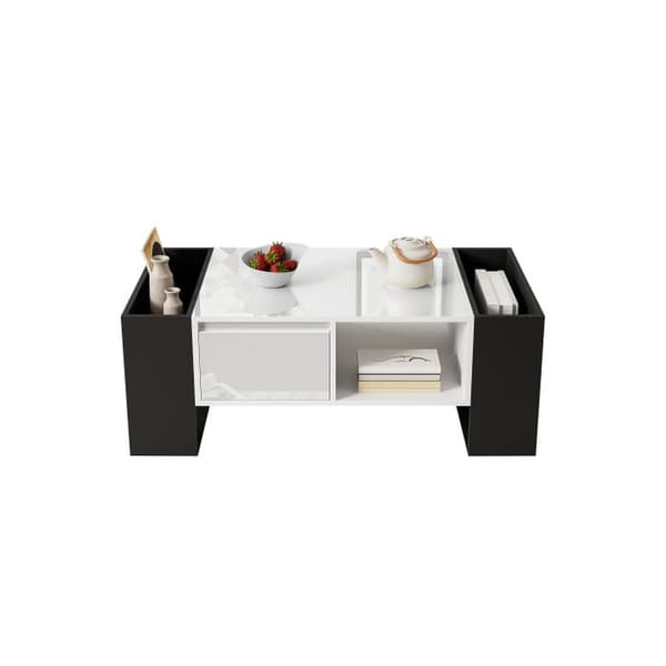 Modern soffbord 105 x 60 x 40,5 cm - Svart och vit design med glänsande yta, låda och träskiva.