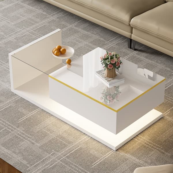 Sofabord 100 cm med LED-belysning og glasplade – Hvid højglans, moderne design til stuen