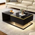 Miniatyrbillede 3 af 11: Sofabord 90 cm med LED-lys og glasoverflade – sort højglans, moderne design med opbevaringshylder og app-styring