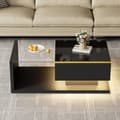 Miniatyrbillede 1 af 11: Sofabord 90 cm med LED-lys og glasoverflade – sort højglans, moderne design med opbevaringshylder og app-styring