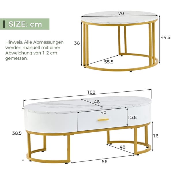 Hvidt minimalistisk sofabord, 2-delt bordstativ, metallisk guld, ædelt stuebord, moderne indskudsbord