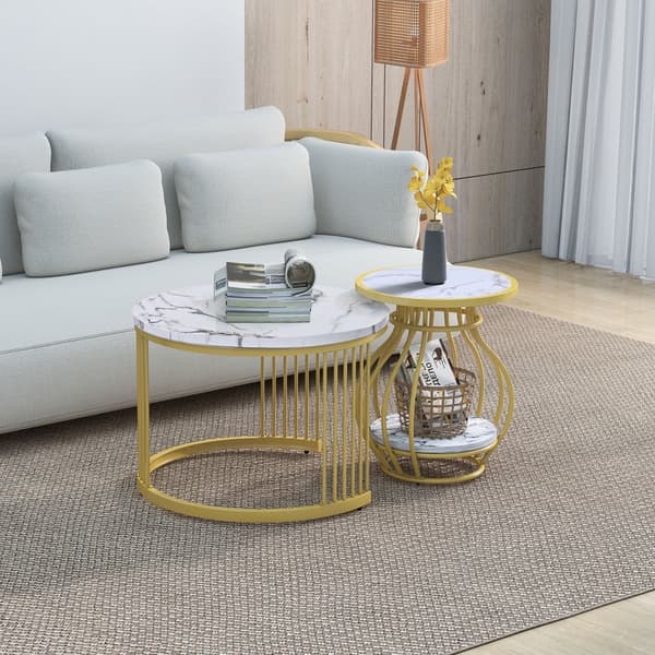 2st vitt runt soffbord med metallram, sidobord, modernt soffbord med vitguld marmorfinish