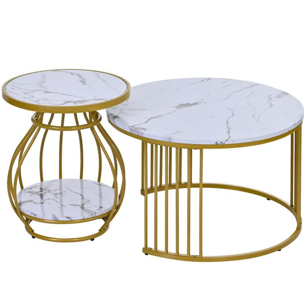 2st vitt runt soffbord med metallram, sidobord, modernt soffbord med vitguld marmorfinish