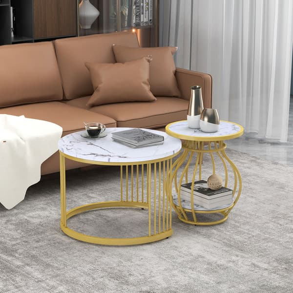 2st vitt runt soffbord med metallram, sidobord, modernt soffbord med vitguld marmorfinish