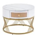 Miniatyrbillede 5 af 6: To stykker hvidt sofabord med elegant design med marmor teksturerede plader og skuffer, plast rattan front