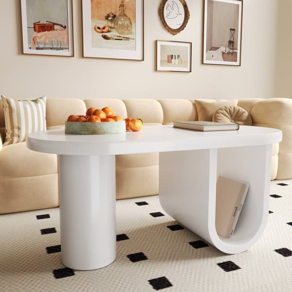 Modern oval Couchtisch i vit – Enkel design, stabila U-ben, lättskött yta, rymlig förvaring, 98,5 x 53,5 x 42 cm