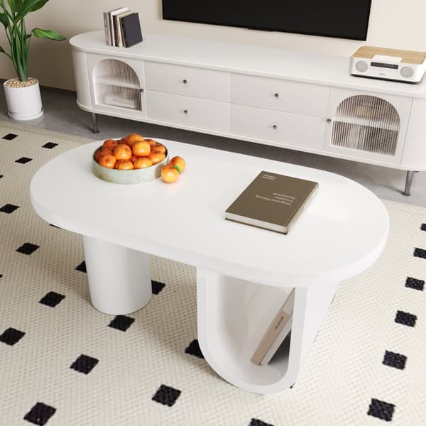 Modern oval Couchtisch i vit – Enkel design, stabila U-ben, lättskött yta, rymlig förvaring, 98,5 x 53,5 x 42 cm