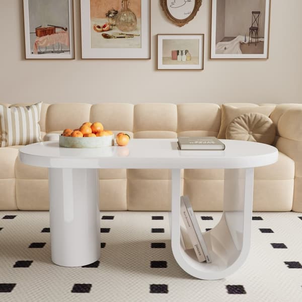 Modern oval Couchtisch i vit – Enkel design, stabila U-ben, lättskött yta, rymlig förvaring, 98,5 x 53,5 x 42 cm