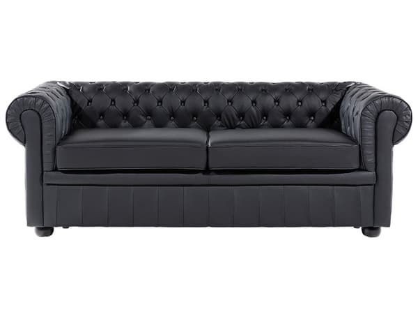 Chesterfield Soffa Svart Läder 3-sits Modern Traditionell Elegant Vardagsrum