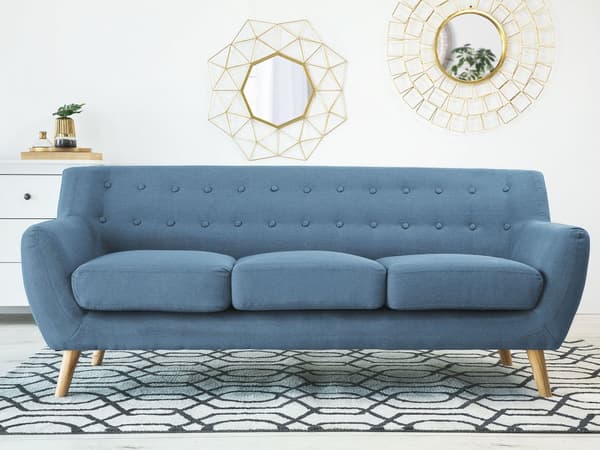 3-sits Soffa Blå Stoppad Tuftad Ryggstöd Tjockt Vadderad Trä Ben Skandinavisk Minimalistisk Vardagsrum