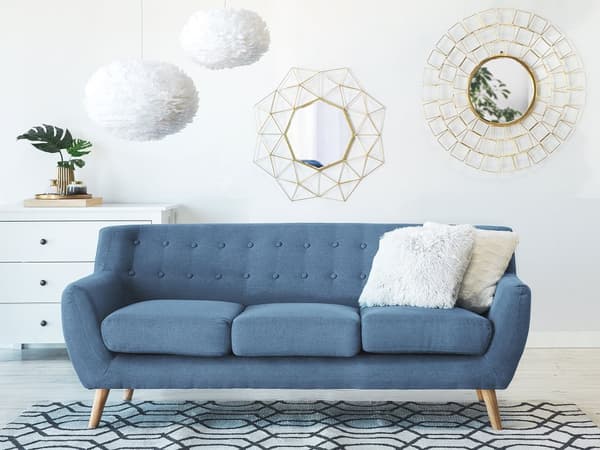 3-sits Soffa Blå Stoppad Tuftad Ryggstöd Tjockt Vadderad Trä Ben Skandinavisk Minimalistisk Vardagsrum