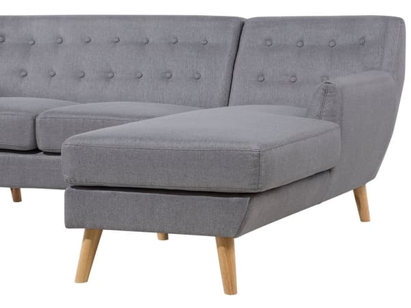 Hörnsoffa Ljusgrå Klädd Tuftad Ryggstöd Tjockt Vadderat Ljusa Träben Skandinavisk Minimalistisk Vardagsrum