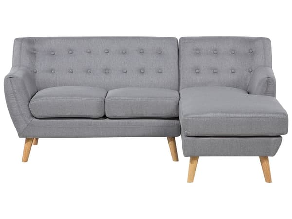 Hörnsoffa Ljusgrå Klädd Tuftad Ryggstöd Tjockt Vadderat Ljusa Träben Skandinavisk Minimalistisk Vardagsrum