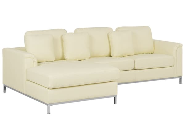 Hörnsoffa Beige Läder med Fotpall L-formad Högervänd