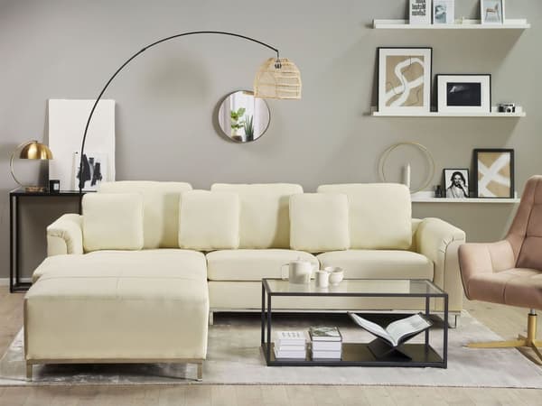Hörnsoffa Beige Läder med Fotpall L-formad Högervänd