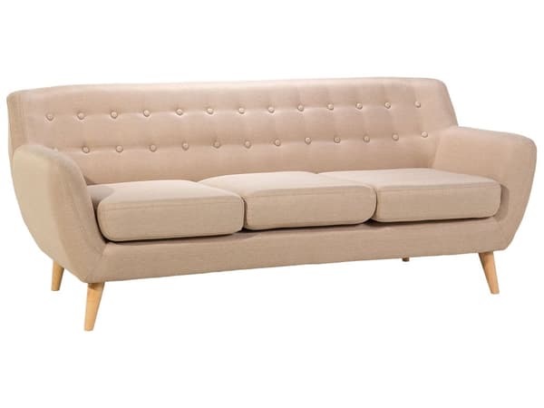 3-sits Soffa Beige Stoppad Tuftad Ryggstöd Tjockt Vadderad Trä Ben Skandinavisk Minimalistisk Vardagsrum