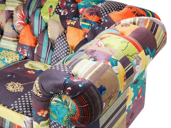 3-sits Soffa Flerfärgat Tyg Tuftade Rullarmar Grön och Gul Patchwork Eklektisk