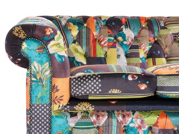 3-sits Soffa Flerfärgat Tyg Tuftade Rullarmar Grön och Gul Patchwork Eklektisk