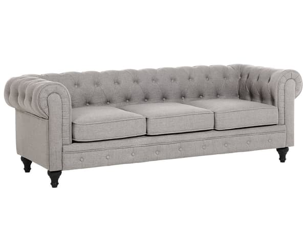 3-sits Soffa Ljusgrå Tyg Tuftade Rullarmar Traditionell