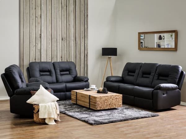 Soffa Svart 3-sits Konstläder Manuellt Justerbart Rygstöd och Fotpall