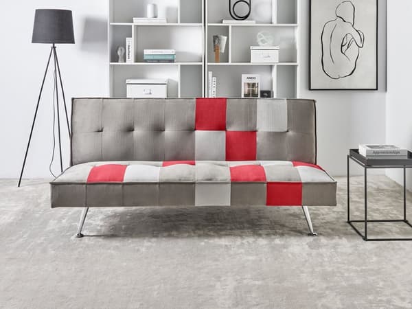 Bäddsoffa Grå och Röd 3-sits Sammet Lapptäcke Klädsel