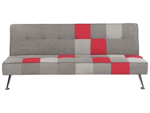 Bäddsoffa Grå och Röd 3-sits Sammet Lapptäcke Klädsel