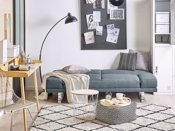 Vuodesohva siniharmaa 190 x 81 x 89 cm kangasverhoilu kahdelle säädettävä käsinoja