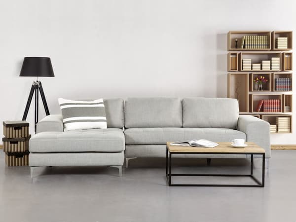 Kulmasohva vaaleanharmaa 290 x 148 x 86 cm polyesteri metalli puu neljälle oikea