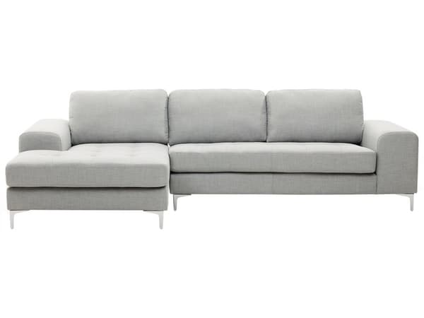 Kulmasohva vaaleanharmaa 290 x 148 x 86 cm polyesteri metalli puu neljälle oikea